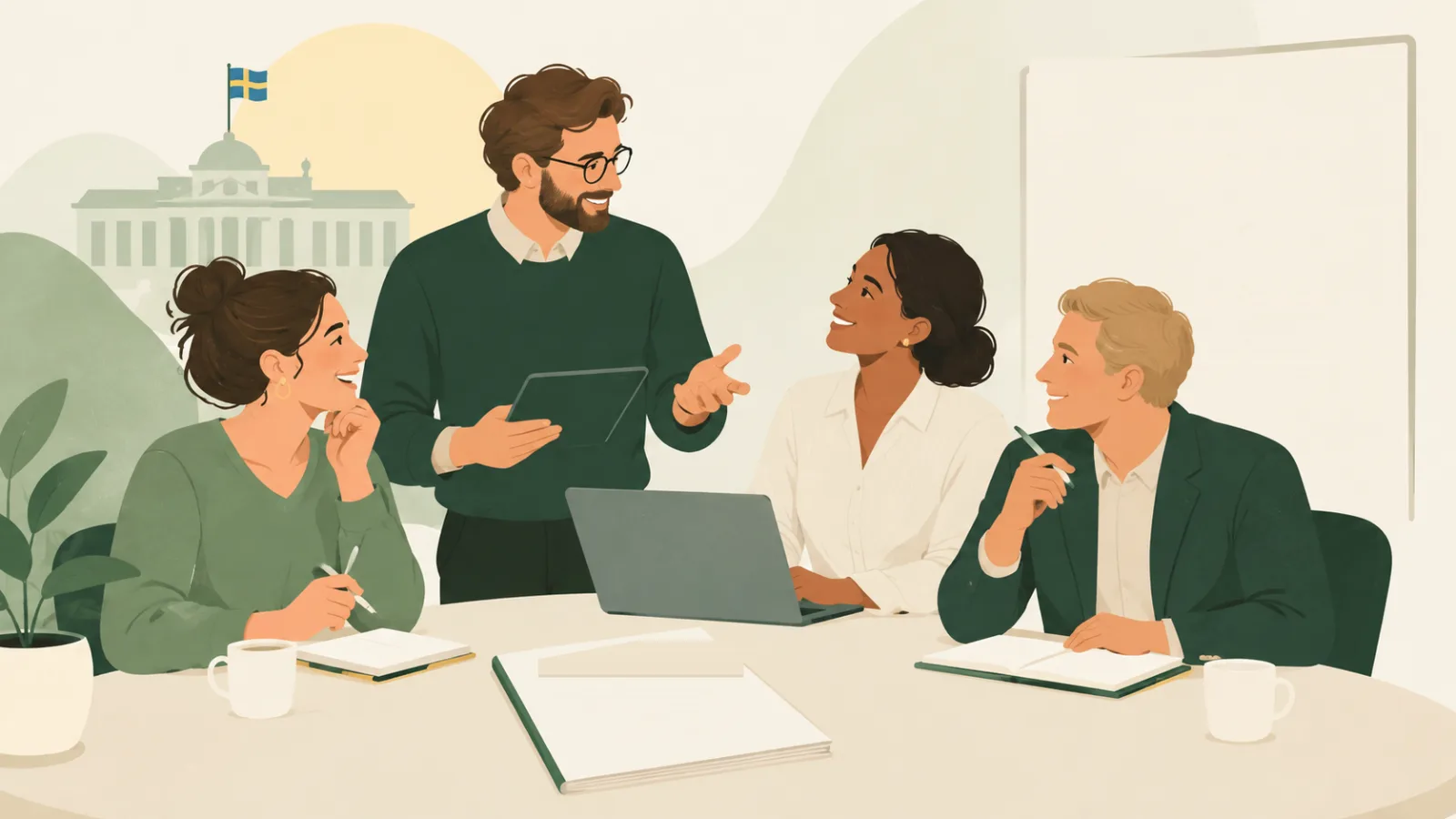 Illustration av fyra kollegor som diskuterar den nya arbetsmiljöstrategin kring ett mötesbord