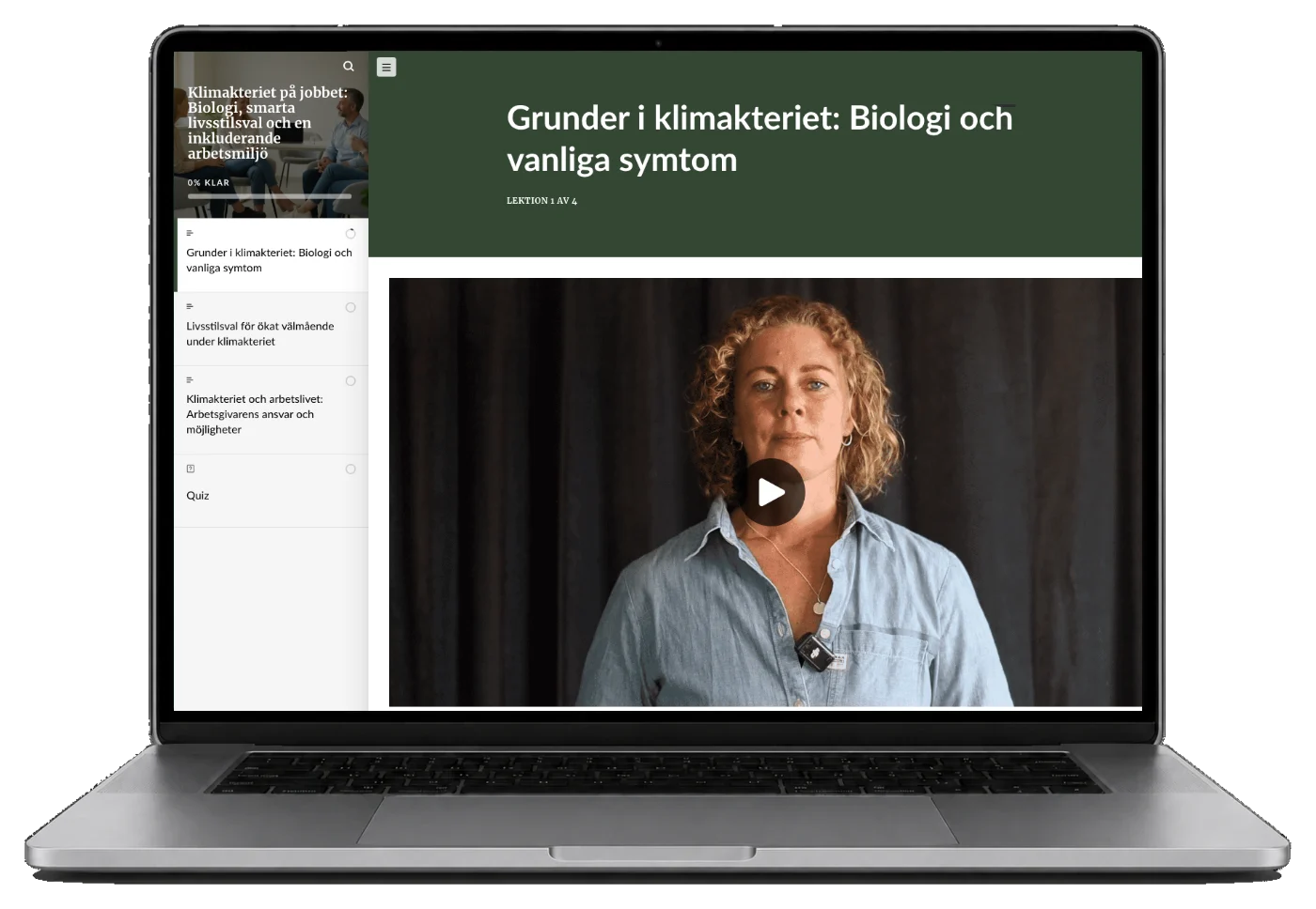 Skärmbild från e-learningkursen om klimakteriet på jobbet: lektion 1 av 4, Grunder i klimakteriet, med kursens fyra delar i en meny till vänster och en introduktionsfilm med en av våra klimakteriecoacher.