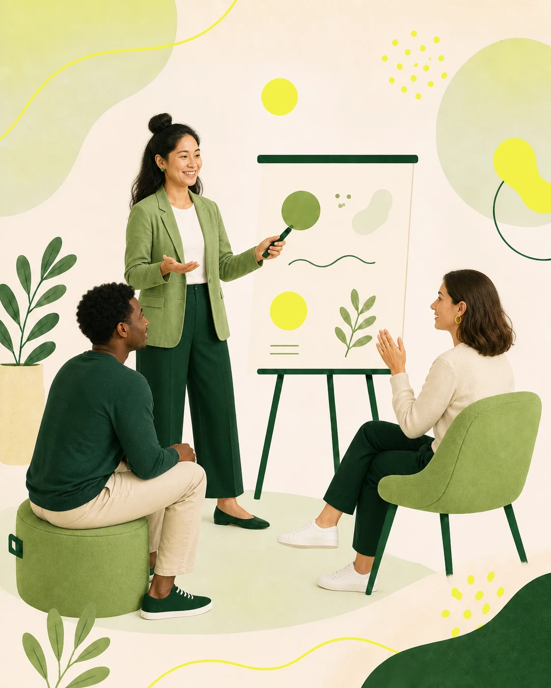 Illustration av en föreläsare och deltagare under ett seminarium
