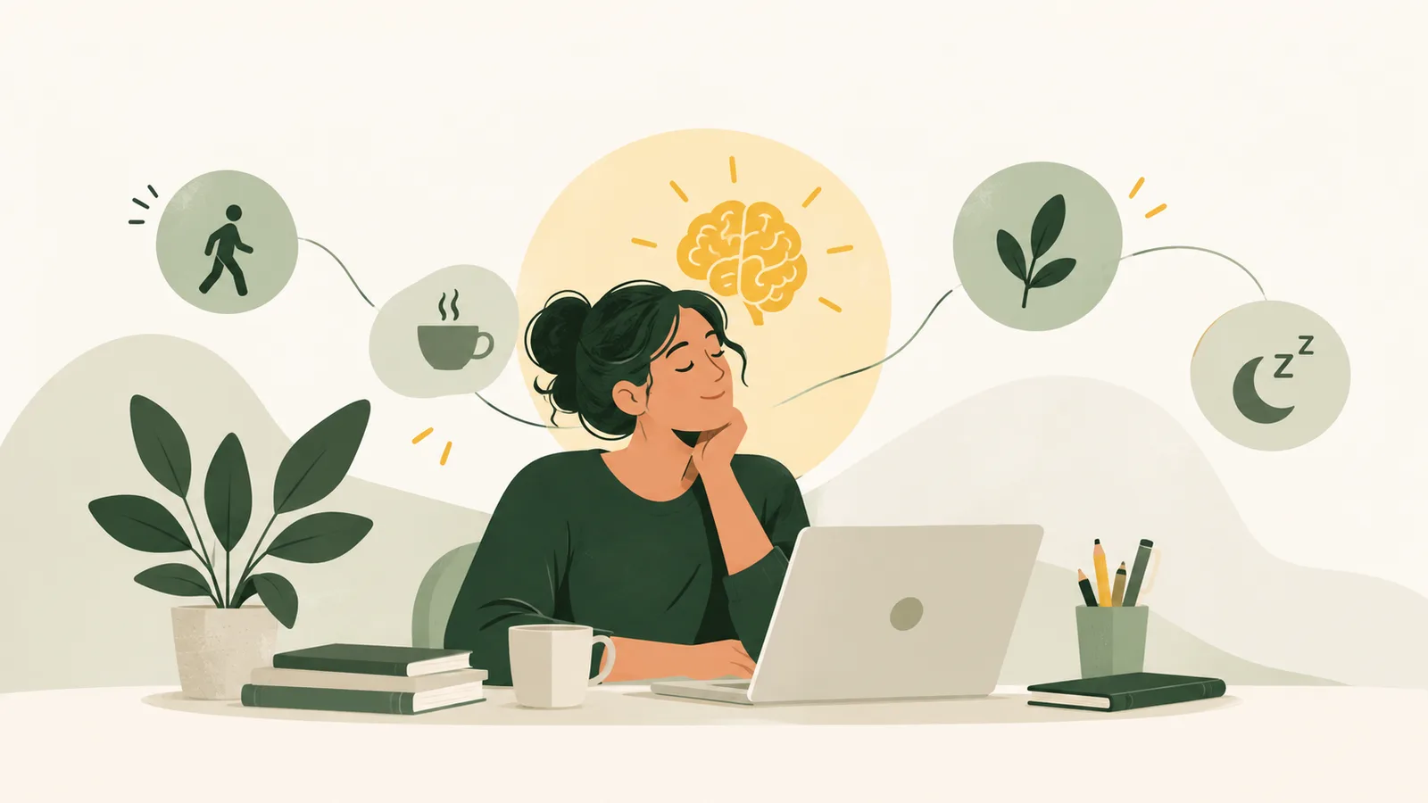 Illustration of a woman sitting relaxed with her eyes closed at her laptop, with a glowing brain behind her and symbols for walking, coffee, nature and sleep around her