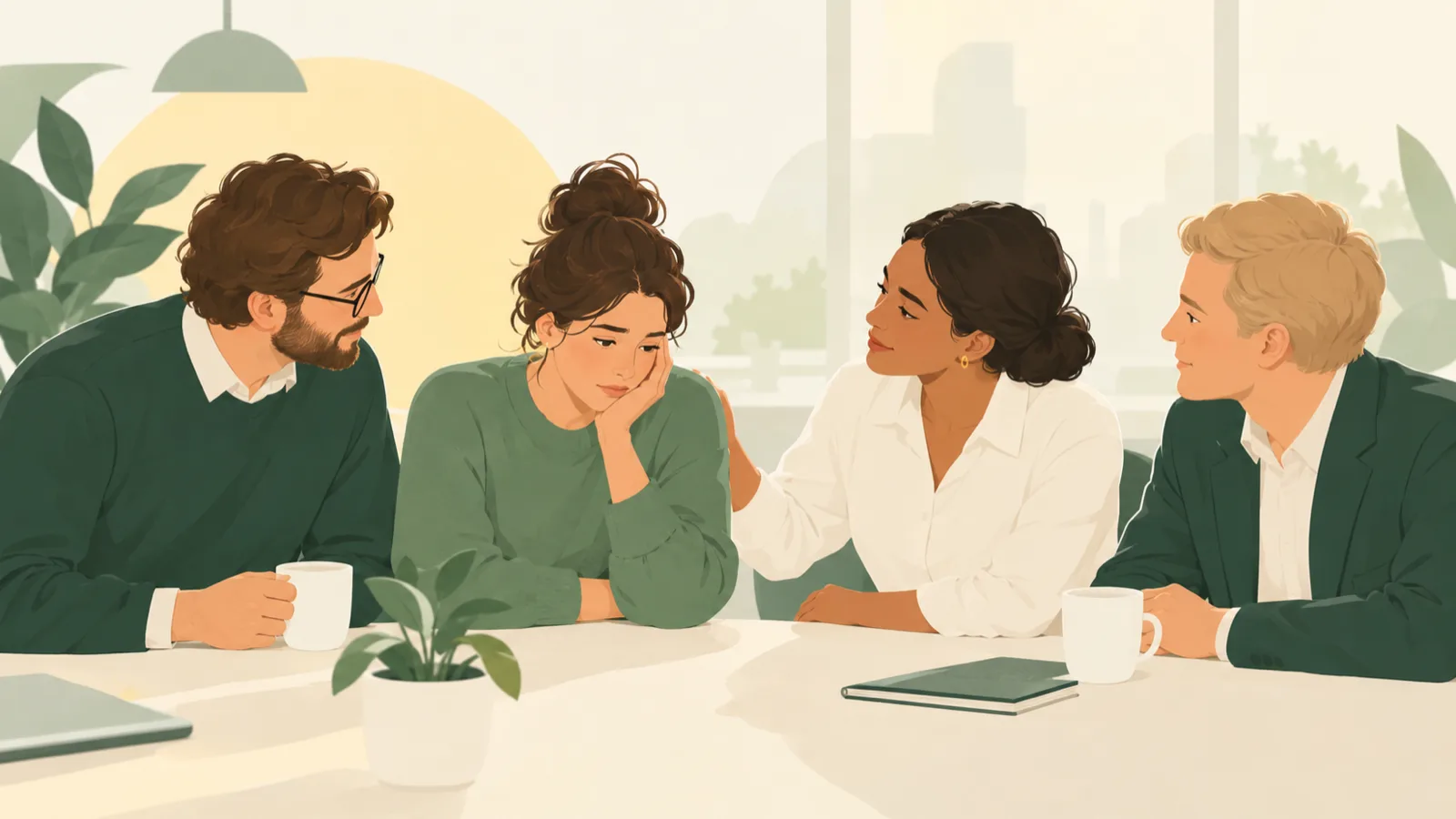 Illustration av fyra kollegor vid ett bord där en kollega lägger handen på axeln på en medarbetare som ser nedstämd ut