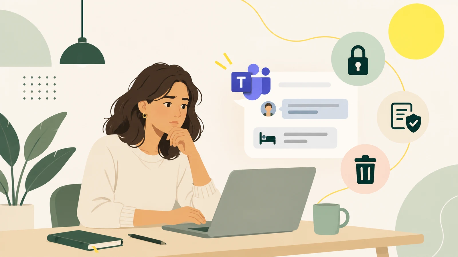 Illustration av en kvinna vid en bärbar dator med en Teams-chatt bredvid sig, omgiven av symboler för lås, skyddat dokument och papperskorg